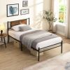 Twin Size metal bedframe, Headboard with wood panel decoration, black