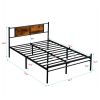 Full Size metal bedframe, Headboard with wood panel decoration, black
