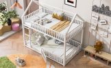 Metal Twin over Twin House Bunk Bed with Fence and Door, White