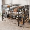 Full Size Metal Loft Bed with Staircase,Low Storage Table and Storage Shelves,Black