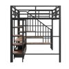 Full Size Metal Loft Bed with Staircase,Low Storage Table and Storage Shelves,Black