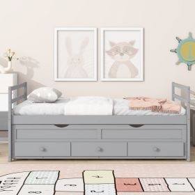 Twin Size Bed with Headboard,Footboard,Trundle and Three Storage Drawers,Twin Size Pine Wood Bed with Headboard,Footboard,Grey (Material: Pine, Color: Grey)