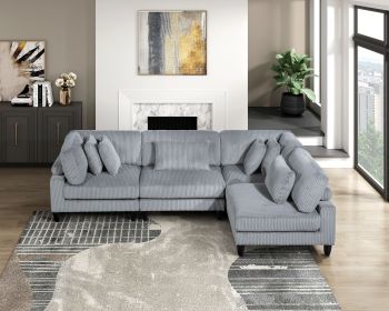 Living Room Furniture 4-Piece Modular Sectional Sofa Set Gray Corduroy Soft Cushion Pillows Solid Wood Legs (Color: as Pic)