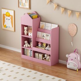 Kids Wooden Bookshelf Toy Storage Organizer with Bookcase, Kid's Storage Unit with 6 Compartments, Children Multi Shelf for Books, Toys Shelf (Material: MDF, Color: pink)