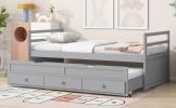 Twin Size Bed with Headboard,Footboard,Trundle and Three Storage Drawers,Twin Size Pine Wood Bed with Headboard,Footboard,Grey